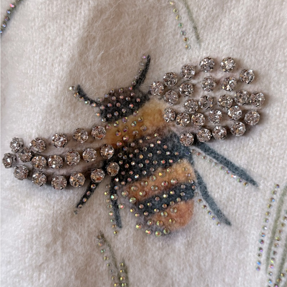 Crystal Bumble Floral and Bee Embellished Soft White Sweater - Picture 5 of 6
